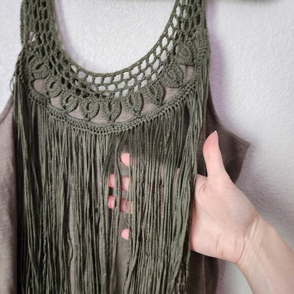 SUNDANCE boho crochet fringe tank top in olive green size S