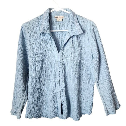 FADED GLORY VINTAGE 90s Textured Crinkle Hook & Eye Shirt Sky Blue XL