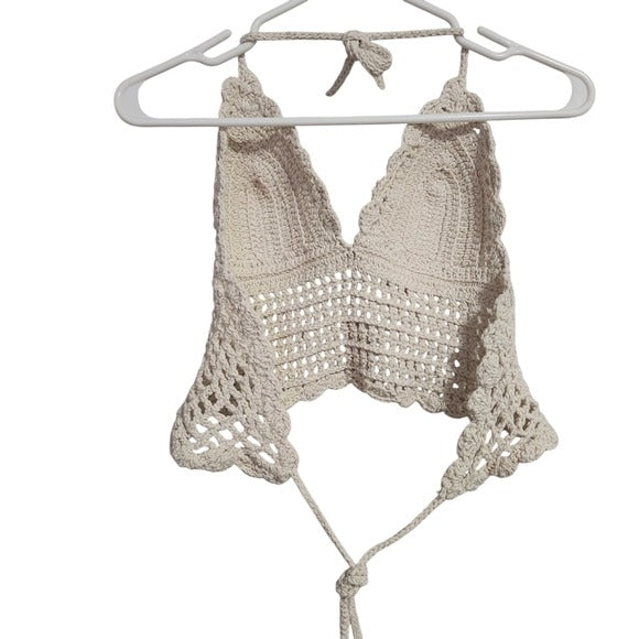 CROCHET Boho Festival Knit Halter Top in Cream