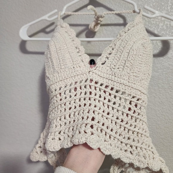 CROCHET Boho Festival Knit Halter Top in Cream