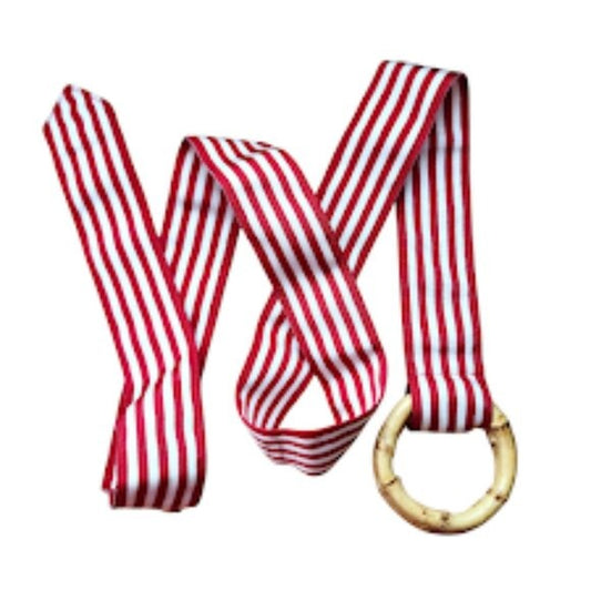 VINTAGE nautical sailor ribbon belt red white stripe bamboo buckle