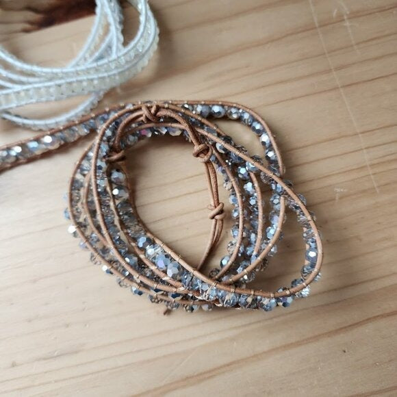 VICTORIA EMERSON Lot of 4 Wrap Bracelets Boho Mixed Leather & Crystal Adjustable