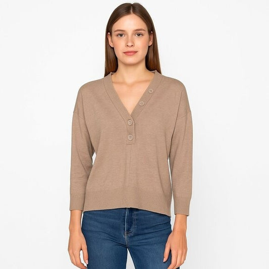 LILIA P Oversized Button Henley Contrast Stitching Popover Sweater in Flax NEW S