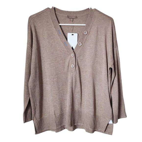 LILIA P Oversized Button Henley Contrast Stitching Popover Sweater in Flax NEW S