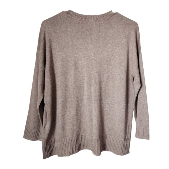 LILIA P Oversized Button Henley Contrast Stitching Popover Sweater in Flax NEW S