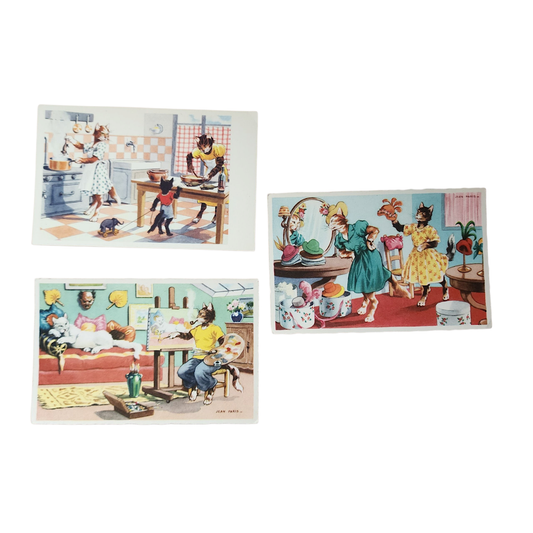VINTAGE 60's Jean Paris Anthropomorphic Cat Postcards Set of 3 Whimsical Mid-Century Prints