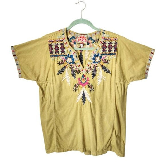 JOHNNY WAS Embroidered Short sleeve shirt in Lime Green XS
