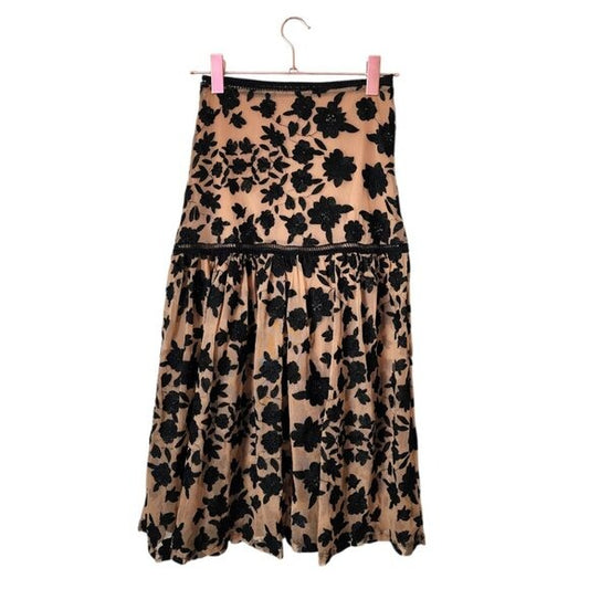 FOR LOVE & LEMONS Temecula mesh floral embroidered midi skirt black nude S
