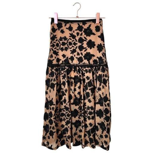FOR LOVE & LEMONS Temecula mesh floral embroidered midi skirt black nude S