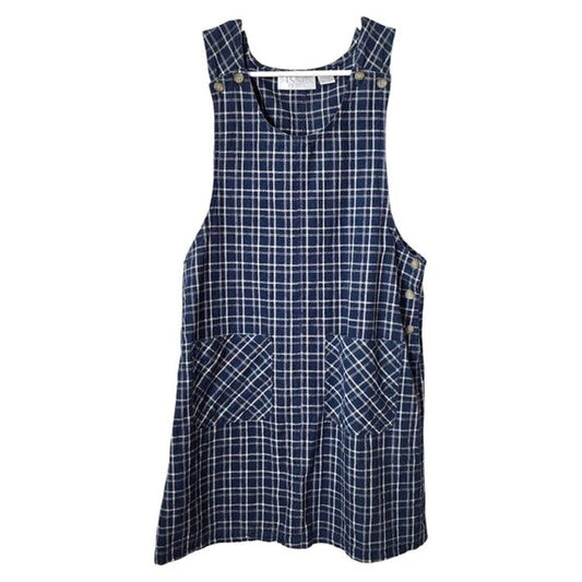 VINTAGE 90s cotton linen pocket apron style jumper dress blue white plaid M