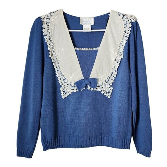 GUNNE SAX VTG 80s Blue Knit prairie Sweater Lace Collar Bow Cottagecore S