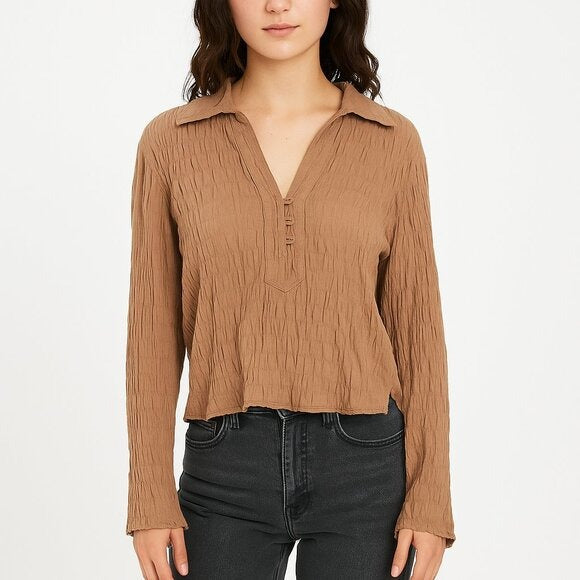 ANDREW & CO VINTAGE Crinkle Textured Button Front Blouse Y2K Latte L