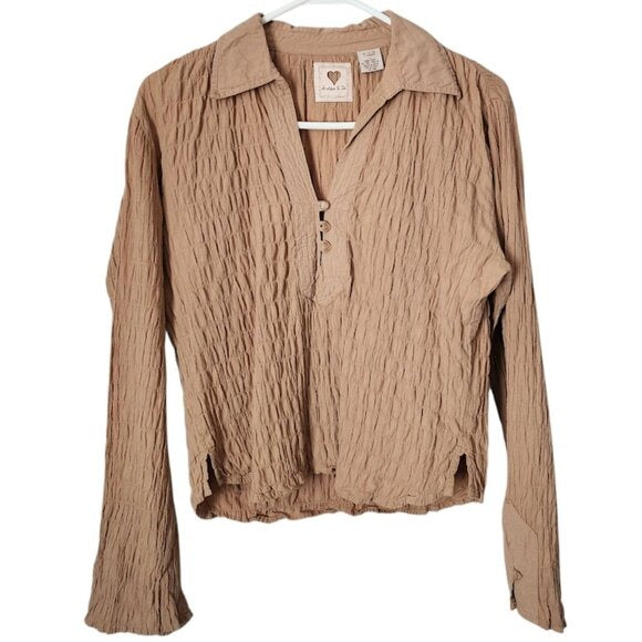 ANDREW & CO VINTAGE Crinkle Textured Button Front Blouse Y2K Latte L