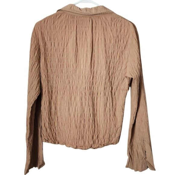 ANDREW & CO VINTAGE Crinkle Textured Button Front Blouse Y2K Latte L