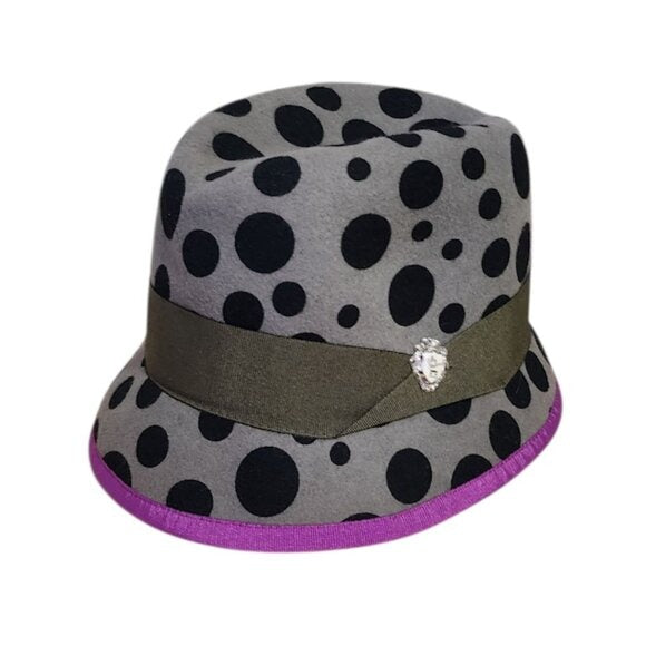 ELLEN PAULSSEN 100% wool Germany polkadot fedora hat grey purple