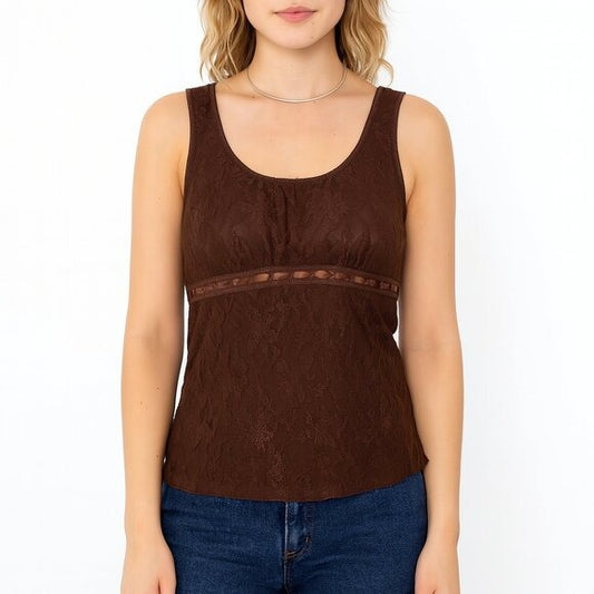 VINTAGE Y2k Babydoll lace top sleeveless office top in brown lace L
