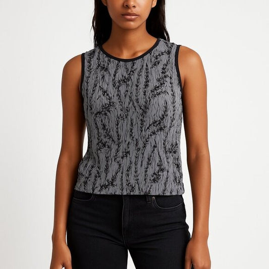 VUE POINT VINTAGE 90s Crinkle Mesh Sheer Tank Top Black Floral Overlay S