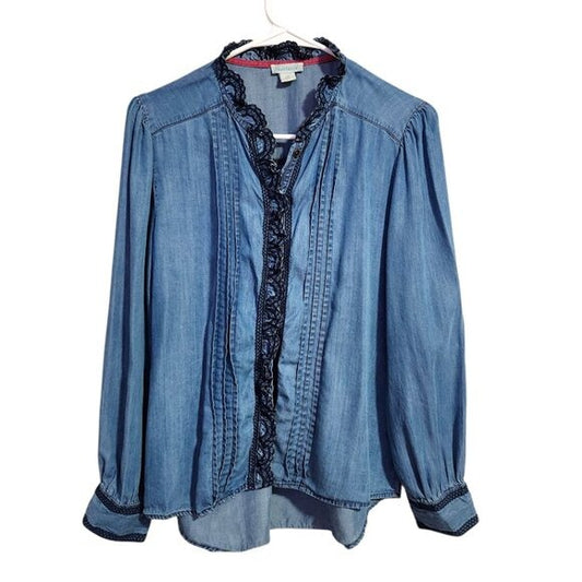 SUNDANCE Tencel Chambray Scalloped Trim Blouse denim blouse size PS