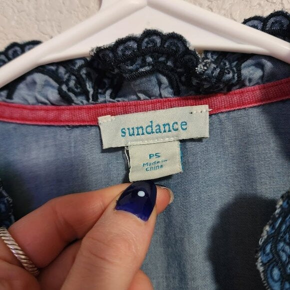 SUNDANCE Tencel Chambray Scalloped Trim Blouse denim blouse size PS