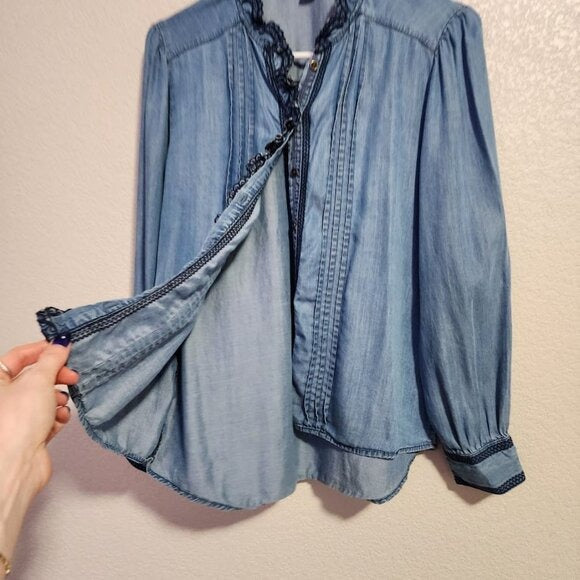 SUNDANCE Tencel Chambray Scalloped Trim Blouse denim blouse size PS