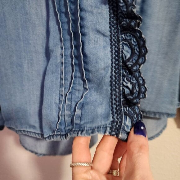 SUNDANCE Tencel Chambray Scalloped Trim Blouse denim blouse size PS