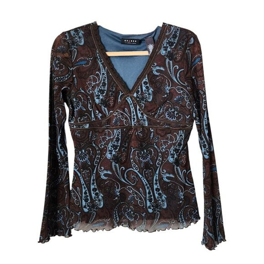 AXCESS Y2K Babydoll Paisley Print Long Sleeve Lettuce hem Top Brown Blue Sheer M