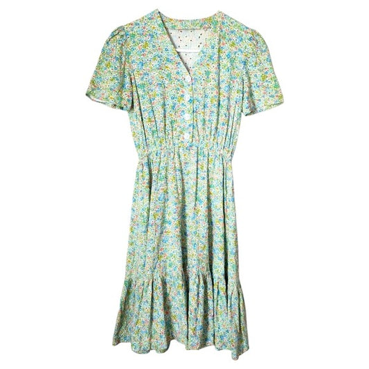 VINTAGE handmade green floral eyelet ruffle tea midi dress button front