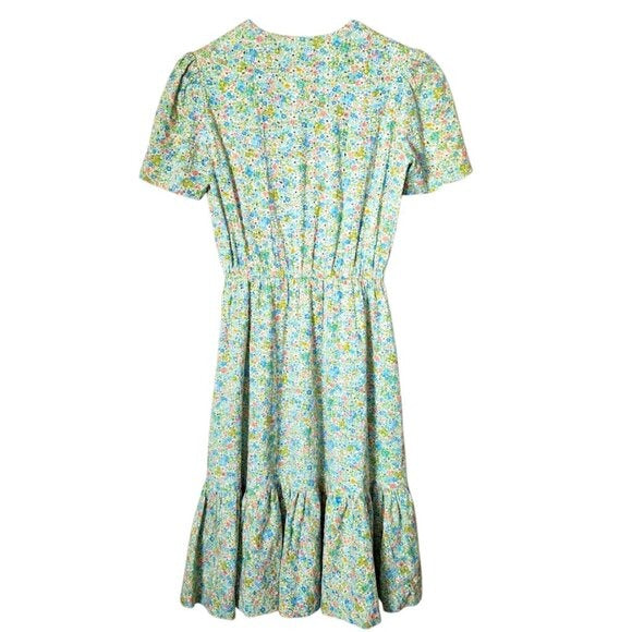 VINTAGE handmade green floral eyelet ruffle tea midi dress button front