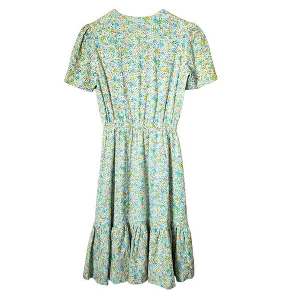 VINTAGE handmade green floral eyelet ruffle tea midi dress button front