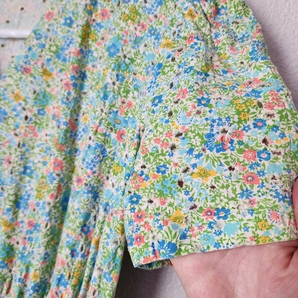VINTAGE handmade green floral eyelet ruffle tea midi dress button front