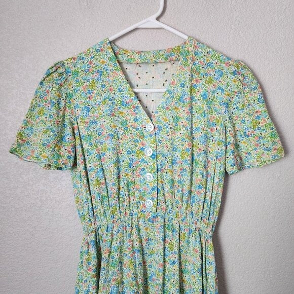 VINTAGE handmade green floral eyelet ruffle tea midi dress button front