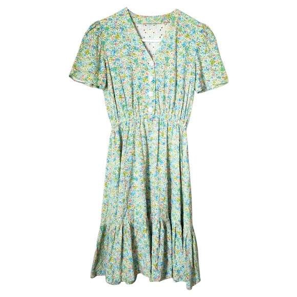 VINTAGE handmade green floral eyelet ruffle tea midi dress button front