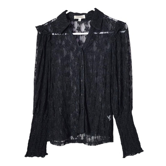AMBER SHU Sheer button front lace top Romantic Fairycore Lace Ruffle Blouse S