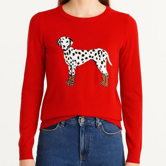 J.CREW Teddie Sweater Dalmatian Dog Graphic Leopard Print Boots Cotton Red S