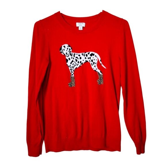 J.CREW Teddie Sweater Dalmatian Dog Graphic Leopard Print Boots Cotton Red S