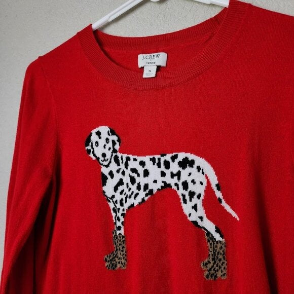 J.CREW Teddie Sweater Dalmatian Dog Graphic Leopard Print Boots Cotton Red S