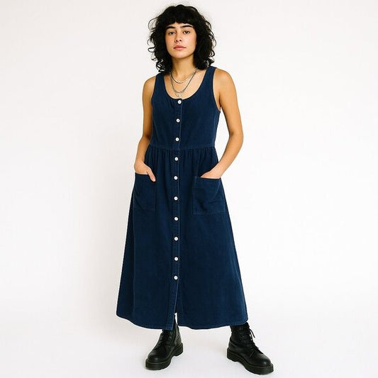 VTG THE VERMONT COUNTRY STORE Button Front Maxi Dress Corduroy Indigo Blue S