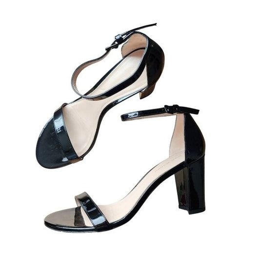 STUART WEITZMAN Nearlynude Block-Heel Patent Leather Sandals patent black size 9