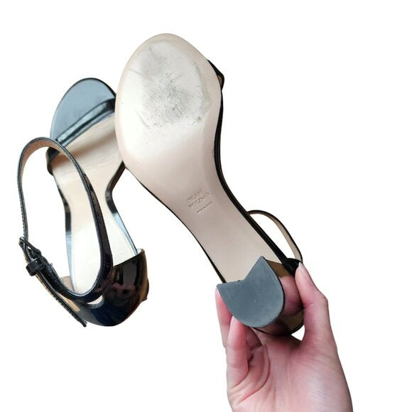 STUART WEITZMAN Nearlynude Block-Heel Patent Leather Sandals patent black size 9