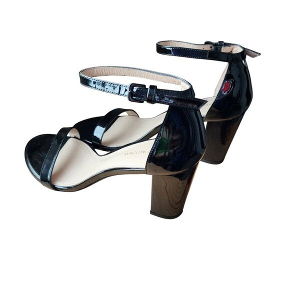 STUART WEITZMAN Nearlynude Block-Heel Patent Leather Sandals patent black size 9