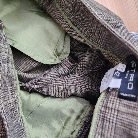 ETRO VINTAGE Y2K cropped wool dress slacks plaid olive green size 42 unlined