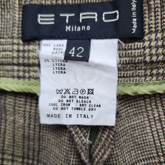 ETRO VINTAGE Y2K cropped wool dress slacks plaid olive green size 42 unlined