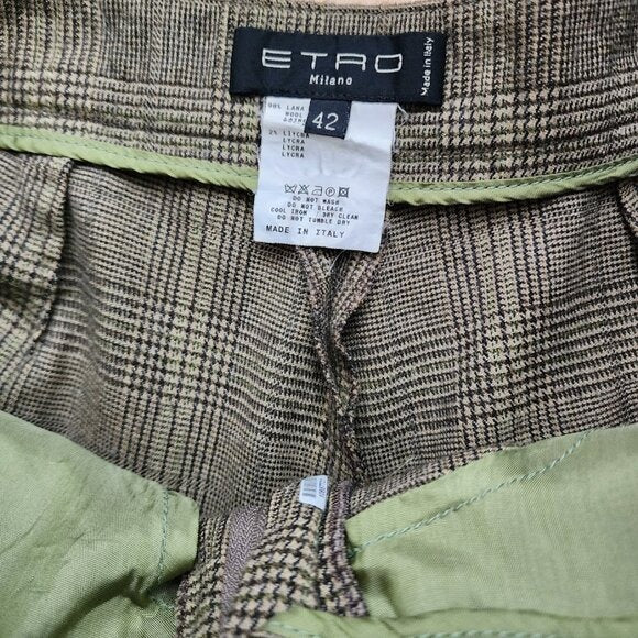 ETRO VINTAGE Y2K cropped wool dress slacks plaid olive green size 42 unlined