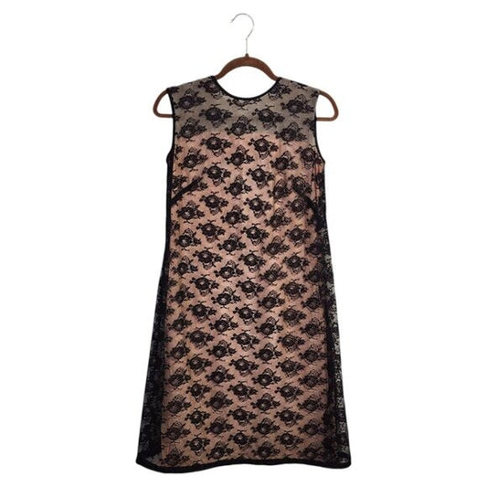 L'AGLON VINTAGE 50's black lace overlay babydoll mini dress nude lining size 10