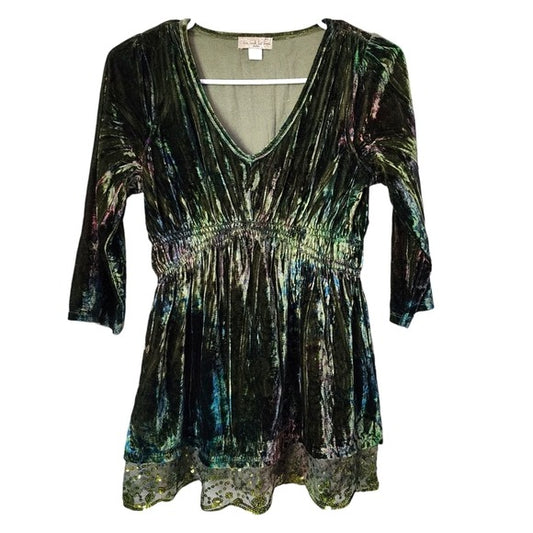 VINTAGE y2k Whimsigoth ethereal Green velour velvet babydoll top sequin trim PS