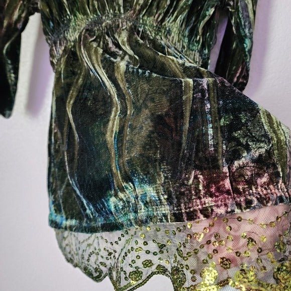 VINTAGE y2k Whimsigoth ethereal Green velour velvet babydoll top sequin trim PS