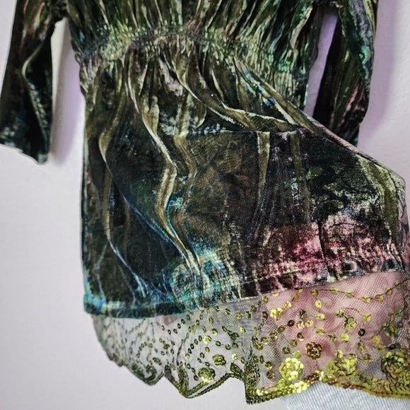 VINTAGE y2k Whimsigoth ethereal Green velour velvet babydoll top sequin trim PS