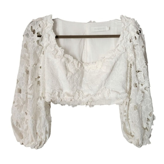 ZIMMERMANN Raie floral cutout appliqué lace balloon sleeve crop top in white 0