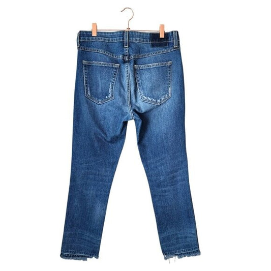 AMO Babe Side Pipe Slim Straight Raw hem jeans in Old School dark wash size 30