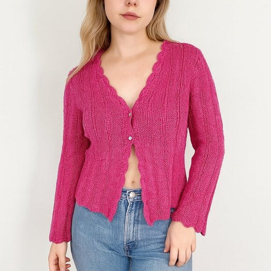 JUDITH HART VINTAGE 90s Pink Scallop Open Knit Button Cardigan Sweater Size M